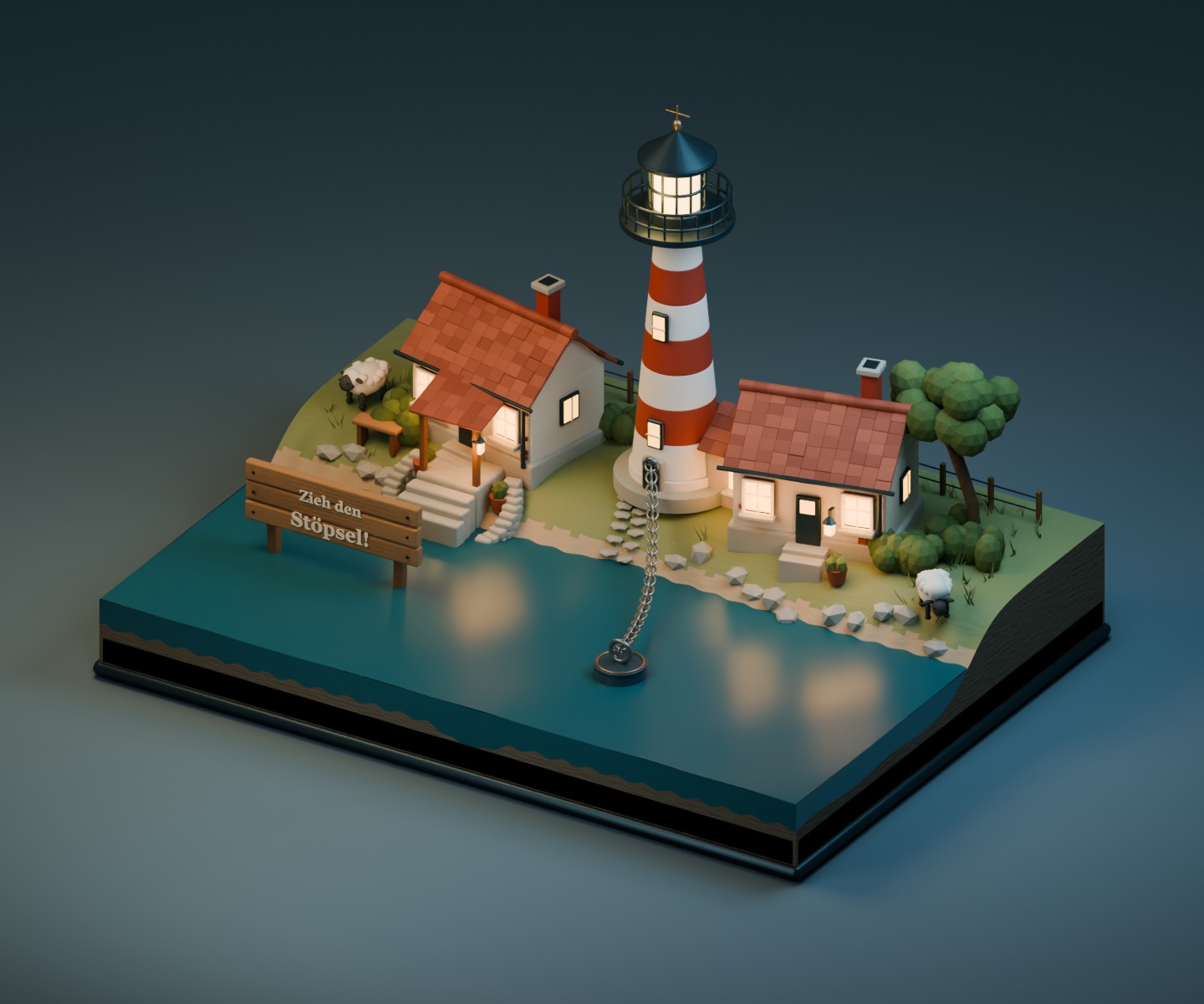 Eine gemütliche Küstenminiatur mit Leuchtturm, zwei Häusern und zwei Schafen. Auf einem Holzschild steht: Zieh den Stöpsel!